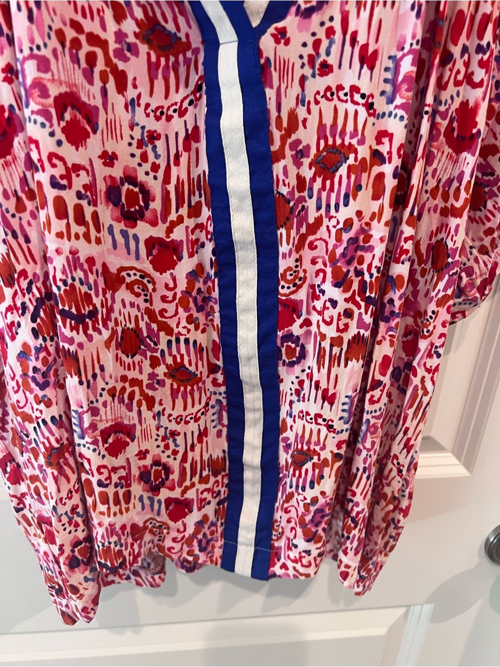 THML Pink and Red Printed Blouse with Blue Trim Size Large - Picture 12 of 16